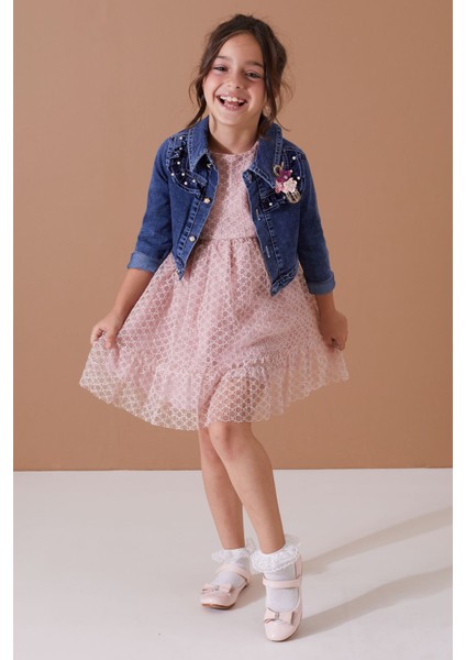 Gül Kurusu Jean Crop Ceketli Tüllü Kız Çocuk Elbise Takımı 19104 fiyatları