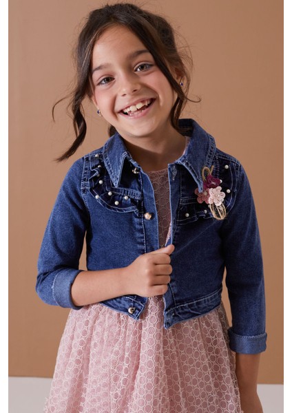 Gül Kurusu Jean Crop Ceketli Tüllü Kız Çocuk Elbise Takımı 19104 modelleri