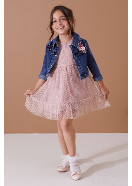 Gül Kurusu Jean Crop Ceketli Tüllü Kız Çocuk Elbise Takımı 19104 fırsatları