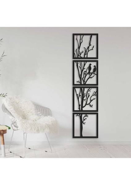 Duvar Süsü Ağaç Dalı Kuşlu Tablo 4 Parça Set 104x25 Cm