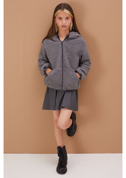 Füme Unisex Kapüşonlu Çocuk Peluş Hırka 5-15 Yaş 19103
