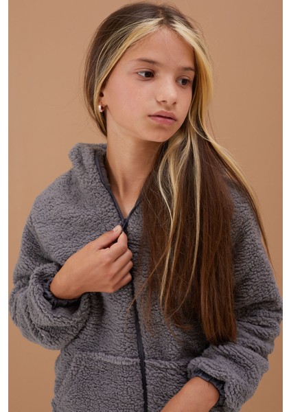 Füme Unisex Kapüşonlu Çocuk Peluş Hırka 5-15 Yaş 19103 fiyatları