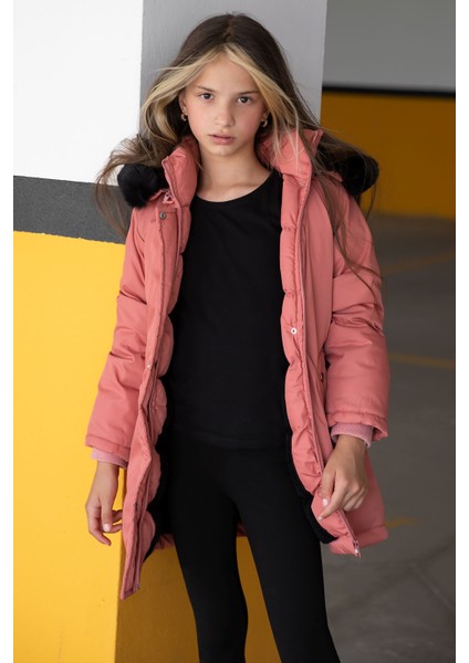 Pembe Kürklü Içi Astarlı Çıkarılabilir Kapüşonlu Kız Çocuk Mont 19055