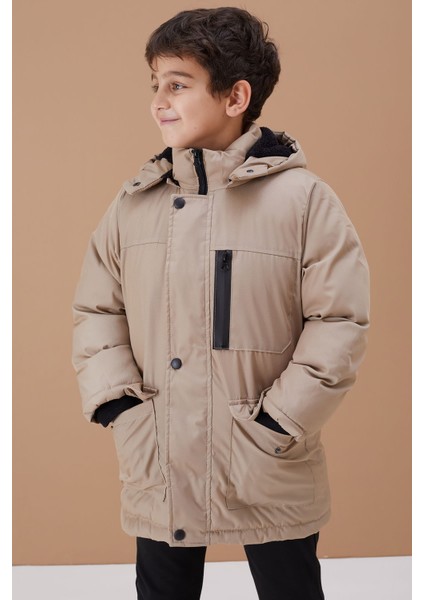 Krem Kürklü Kapüşonlu Fermuarlı Göğüs Cepli Erkek Çocuk Mont 19099 indirimleri