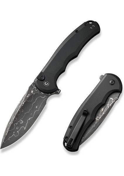 Button Lock Praxis Aluminum Black Damascus Çakı