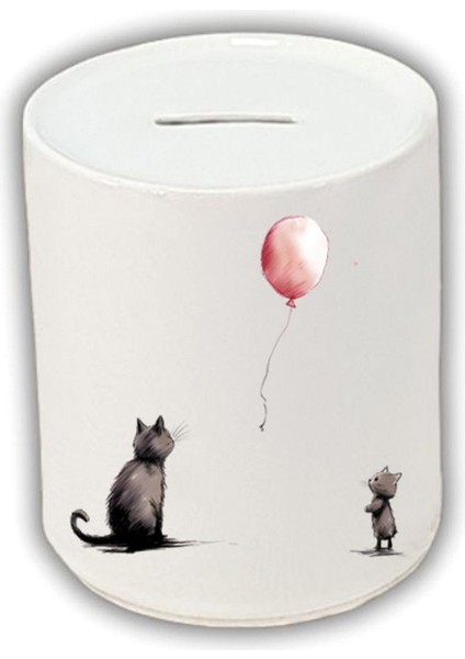 Kedi Ve Balon Baskılı Kumbara - Seramik Para Biriktirme Kumbarası