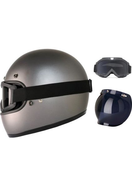 Motosiklet Retro Kask Harley Cafe Racer Vespa Modüler ve Anti Uv Gözlüklü Motor Kaskı Gray