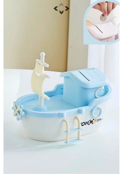 Mavi Büyük Boy Korsan Gemi Desenli Yelkenli Dekoratif Kumbara Biblo Soft Kumbara Eğlenceli Para Bir