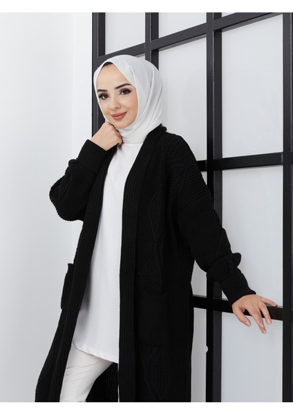 Kadın Antrasit Örgü Desenli Cepli Triko Hırka