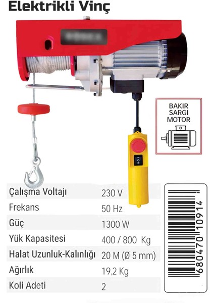Elektrikli Vinç 20 Metre Çelik Halat 800 kg Kaldırma Çekme Kapasitesi Ev Iş Mal Oto Sanayi