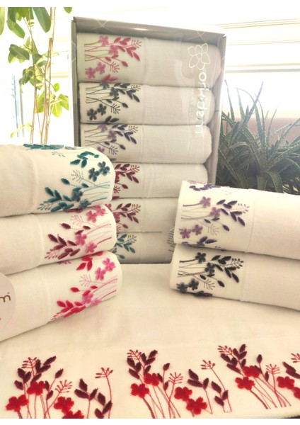 (6.Lı Set) Annem 50 x 90 cm . Özel Tafting Nakışlı Kadife Çeyizlik Lüks Havlu Seti