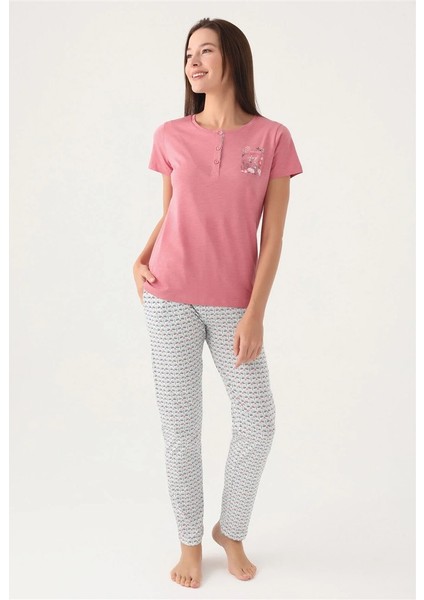 Patlı Düğmeli Yaka %100 Pamuk Bayan Pijama Takım