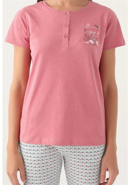 Patlı Düğmeli Yaka %100 Pamuk Bayan Pijama Takım