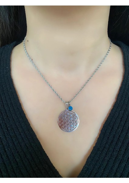 Gümüş Renkli Yaşam Çiçeği Figürlü 3 mm Çelik Burgu Kolye