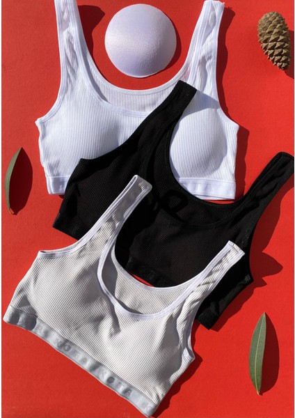 Fitilli Pamuklu 3 Adet Likralı Siyah, Beyaz ve Gri Renk- Kaşkorse-Kalın Askılı ,pedli,spor Sütyen