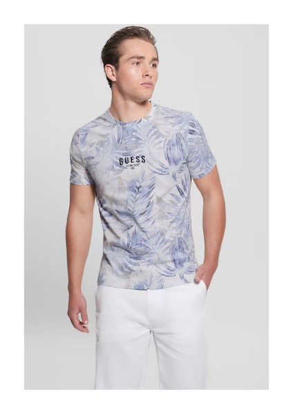 Erkek Guess Çiçek Desenli T-Shirt - Mavi