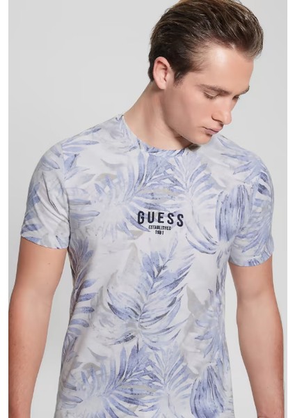 Erkek Guess Çiçek Desenli T-Shirt - Mavi