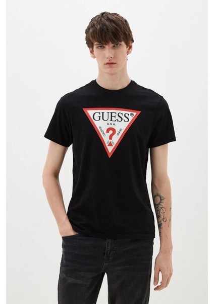 Erkek Guess Ss Bsc Önde Üçgen Logolu T-Shirt - Siyah