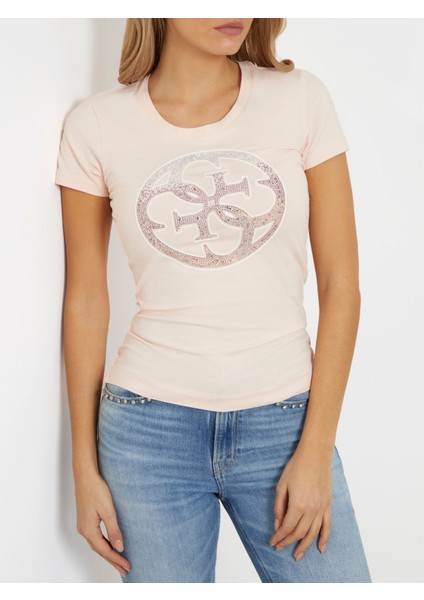 Kadın Önü Taşlı Logolu T-Shirt-Pembe