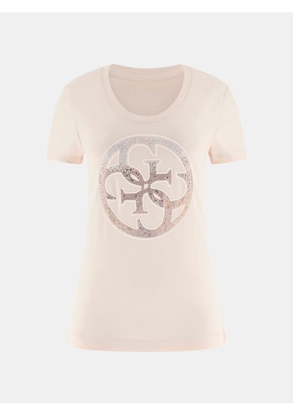 Kadın Önü Taşlı Logolu T-Shirt-Pembe