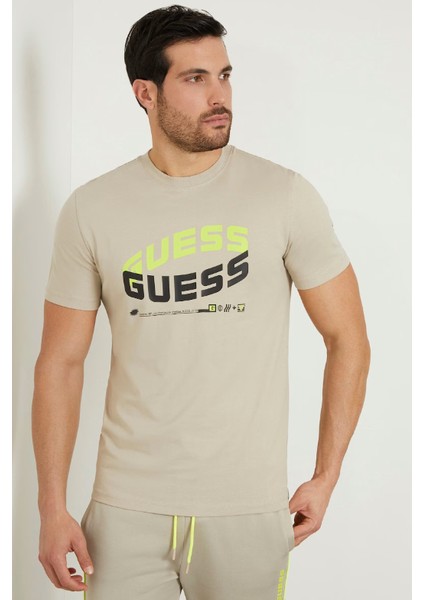 Erkek Guess Önde Logo T-Shirt Bej / Siyah