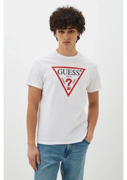 Erkek Guess Ss Bsc Önde Üçgen Logolu T-Shirt - Beyaz