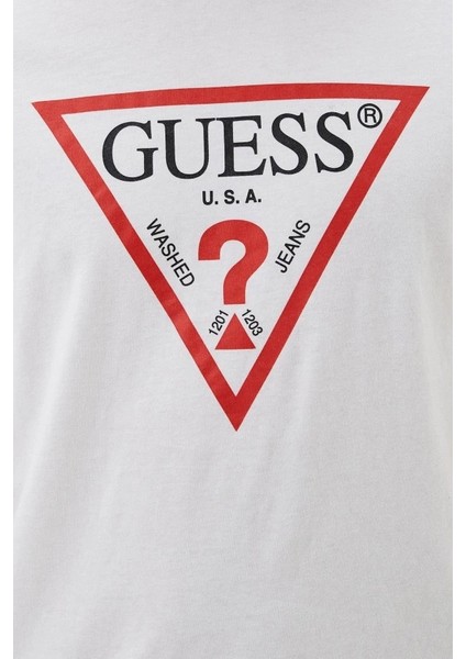 Erkek Guess Ss Bsc Önde Üçgen Logolu T-Shirt - Beyaz