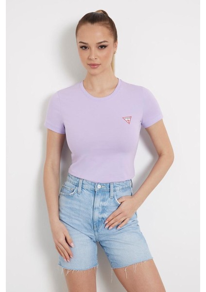 Kadın Küçük Üçgen Logolu Stretch T-Shirt - Lila