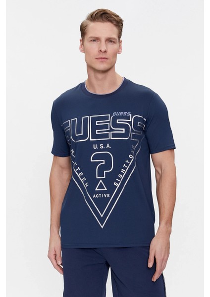 Erkek Guess Üçgen Desenli T-Shirt / Mavi