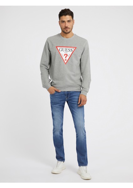 Üçgen Logolu Erkek Sweatshirt-Gri Melanj