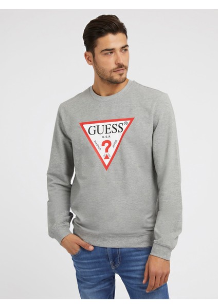 Üçgen Logolu Erkek Sweatshirt-Gri Melanj