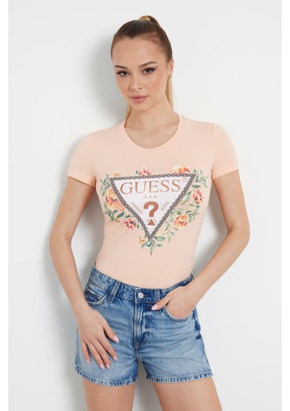 Kadın Çiçek Logolu Streç T-Shirt - Şeftali