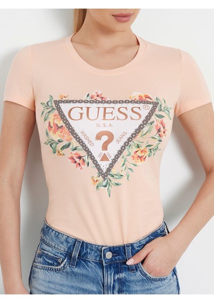 Kadın Çiçek Logolu Streç T-Shirt - Şeftali