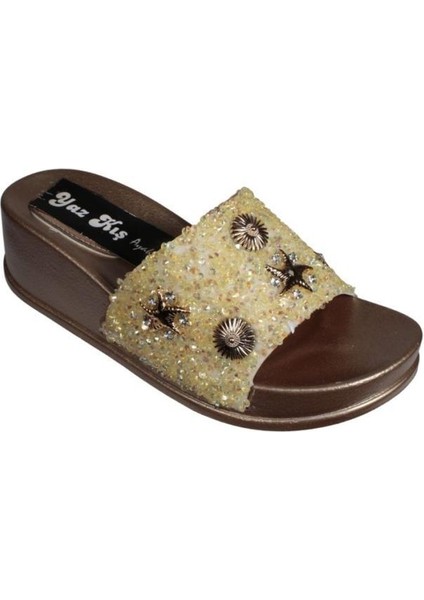Yazkış Kadın Siyah Platin Altın 5cm Dolgu Topuk Üzeri Deniz Kabuğu Sim Desenli Terlik