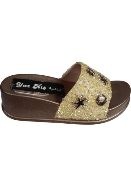 Yazkış Kadın Siyah Platin Altın 5cm Dolgu Topuk Üzeri Deniz Kabuğu Sim Desenli Terlik fiyatları