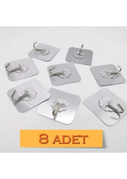 8 Adet 6x6 cm Şeffaf Kendinden Yapışkanlı Kancalı Suya Dayanıklı Güçlü Askı