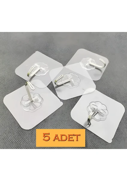 5 Adet 6x6 cm Şeffaf Kendinden Yapışkanlı Kancalı Suya Dayanıklı Güçlü Askı