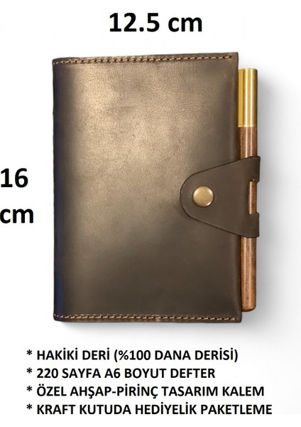 Hakiki Deri Not Defteri Ahşap Kalem Seti 220 Sayfa A6 Boyut Günlük Defter Hediyelik Ajanda