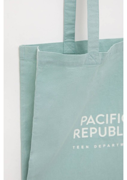 Pull & Bear Pamuk Pacific Republic Logolu Tote Çanta Dokuma 100% Pamuk 1'li Büyük Boy Yeşil Logolu