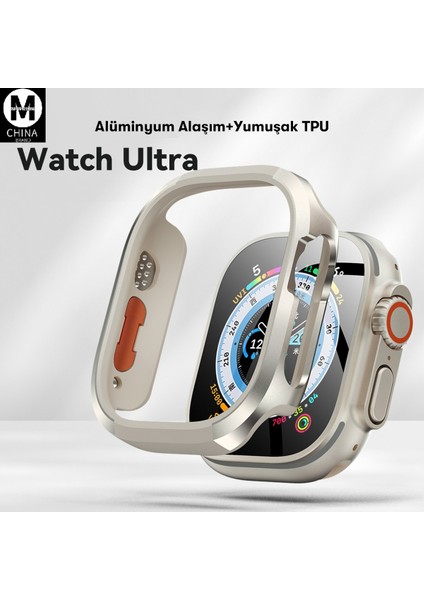 Apple Watch Uyumlu Ultra 49MM Movenchy Mo-Wt3 Alüminyum Camlı Kasa Ekran Koruyucu - Gold 13