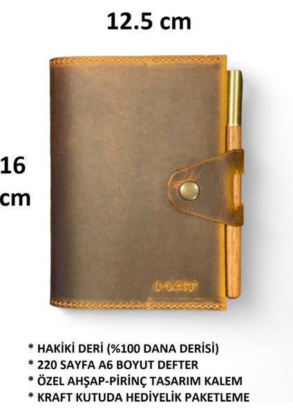 Hakiki Deri Not Defteri Ahşap Kalem Seti 220 Sayfa A6 Boyut Günlük Defter Hediyelik Ajanda