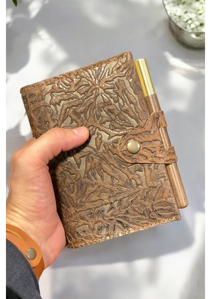 Hakiki Deri Not Defteri Ahşap Kalem Seti 220 Sayfa A6 Boyut Günlük Defter Hediyelik Ajanda