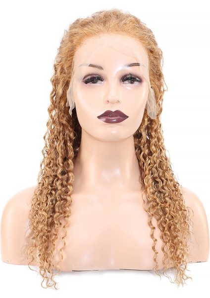 Afro Dalga Ön Dantelli Gerçek Saç Tül Peruk / Altın Karamel / 60/65cm
