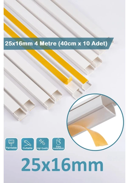 4 Metre Kedinden 25X16MM Yapışkanlı Kablo Kanalı | 4m (10 Adet x 40CM)  Kablo Gizleyici |