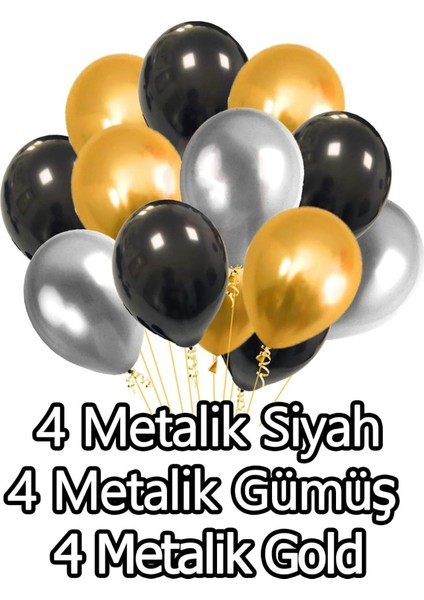 12lı Metalik 4 Siyah, 4 Gümüş Gri, 4 Gold Altın Sarısı Parlak Balon Buketi Helyumla Uçan