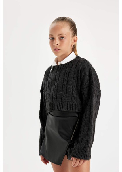 Kız Çocuk Crop Bisiklet Yaka Saç Örgülü Triko Kazak C6934A824AU fırsatları