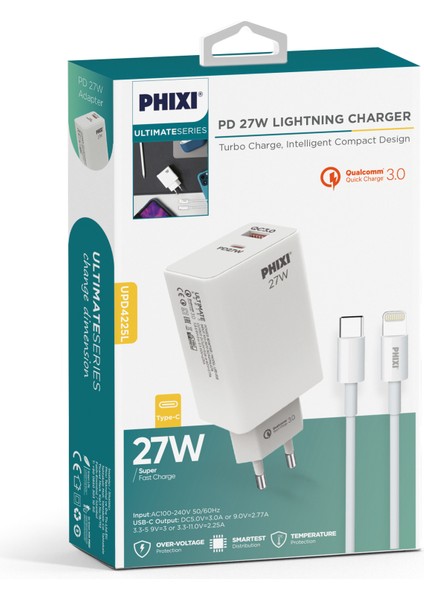 Ultimate UPD4225L 27W Pd Çift Çıkışlı Lıghtnıng Hızlı Şarj Adaptörü