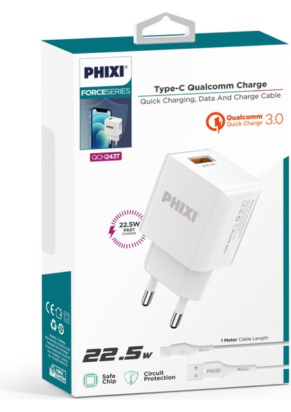QCH243T Force Akım Korumalı 3.0A Type-C USB Kablolu Şarj Cihazı