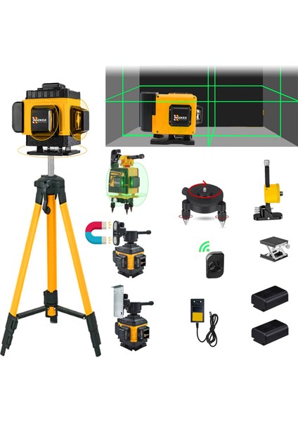 Yatay ve Dikey 12 Köşe 360 Derece Artı Lazer Terazi + 1.5 mt Tripod Ayak Kumandalı Mıknatıslı Yeşil Çizgi 40 mt Menzil
