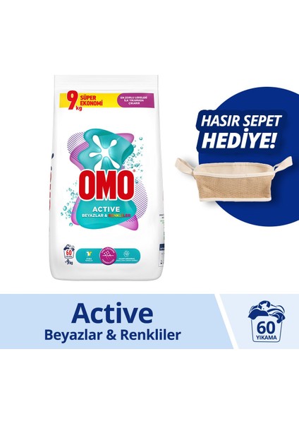 Toz Active Fresh Toz Çamaşır Deterjanı Renkliler Leke Çıkarıcı 9 kg X1 Hasır Sepet Hediye